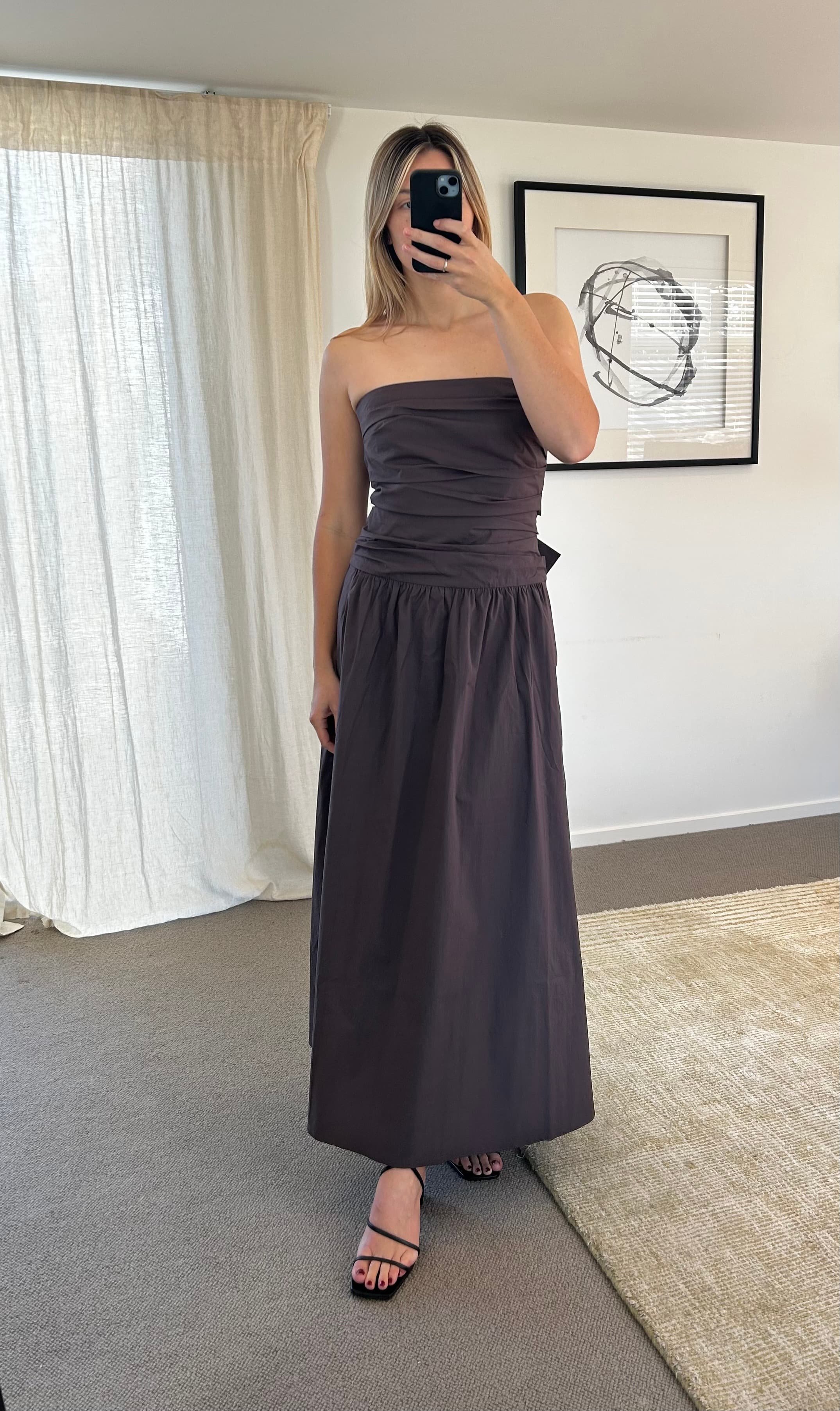 Strapless tie-back crinkled cotton-blend maxi dress